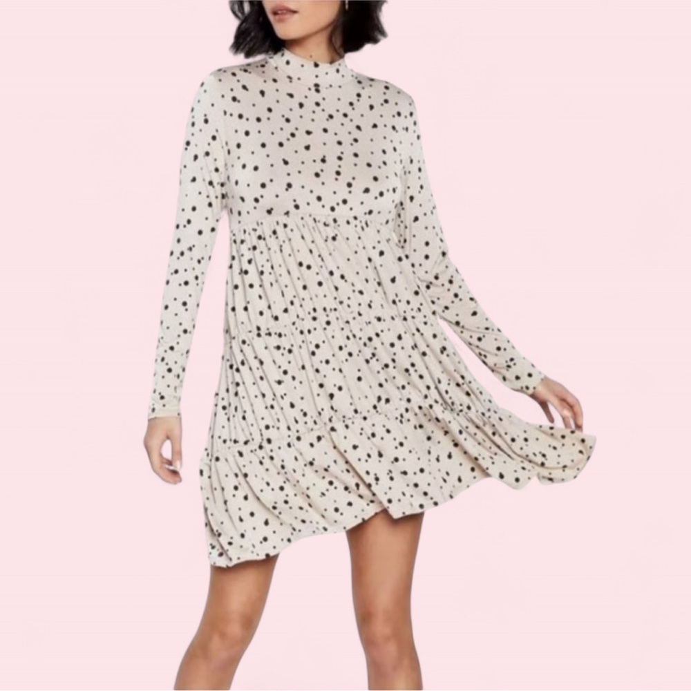 Nasty Gal Polka Dot Tiered‎ Smock Dress Mock Neck Size 10